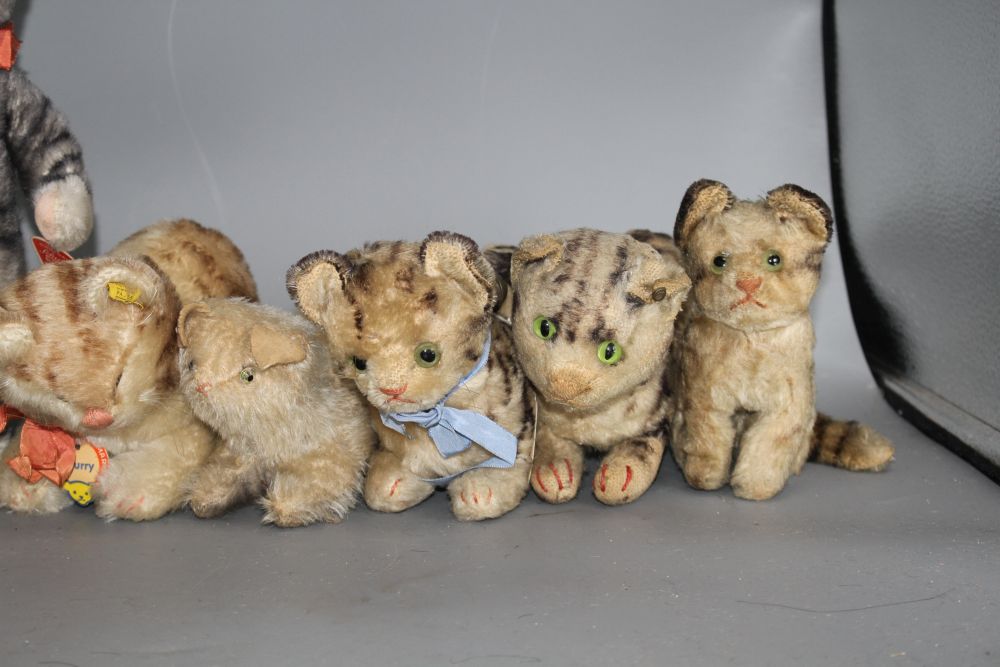 A group of assorted vintage soft toy cats including Steiff